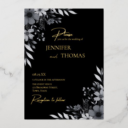 Elegant Black & White Floral Hand-Drawn Wedding 箔招待状 (正面)