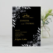 Elegant Black & White Floral Hand-Drawn Wedding 箔招待状 (立ち正面)
