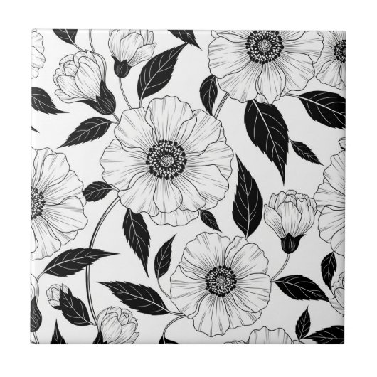 Elegant Black White Floral Line Art Pattern (1) タイル (正面)