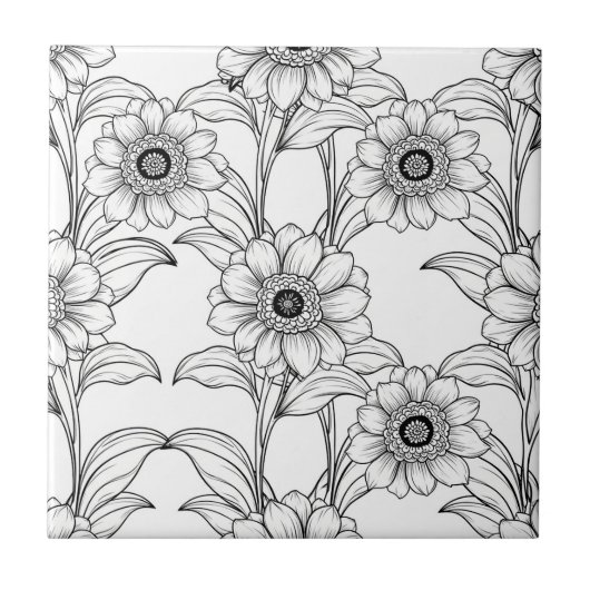 Elegant Black White Floral Line Art Pattern (2) タイル (正面)