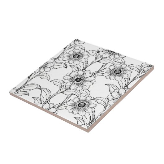 Elegant Black White Floral Line Art Pattern (2) タイル (側面)