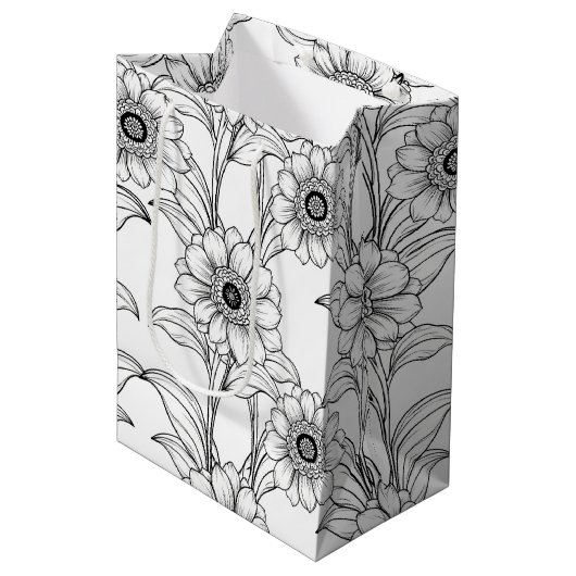 Elegant Black White Floral Line Art Pattern (2) ミディアムペーパーバッグ (正面アングル)