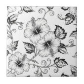 Elegant Black White Floral Line Art Pattern (3) タイル (正面)