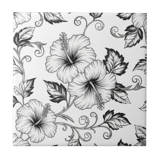 Elegant Black White Floral Line Art Pattern (3) タイル (正面)