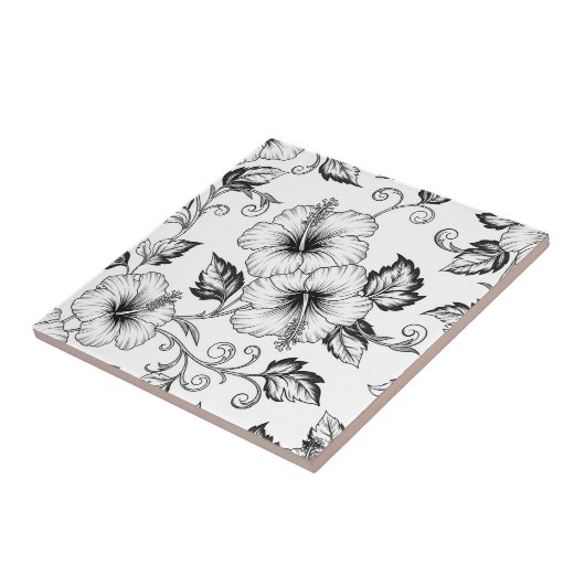 Elegant Black White Floral Line Art Pattern (3) タイル (側面)