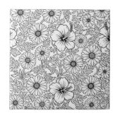 Elegant Black White Floral Line Art Pattern (4) タイル (正面)