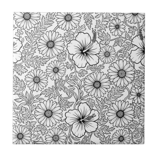 Elegant Black White Floral Line Art Pattern (4) タイル (正面)