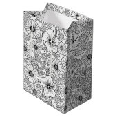 Elegant Black White Floral Line Art Pattern (4) ミディアムペーパーバッグ (正面アングル)