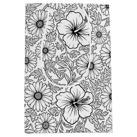 Elegant Black White Floral Line Art Pattern (4) ミディアムペーパーバッグ (正面)