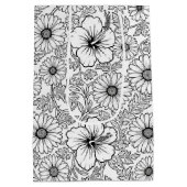 Elegant Black White Floral Line Art Pattern (4) ミディアムペーパーバッグ (裏面)