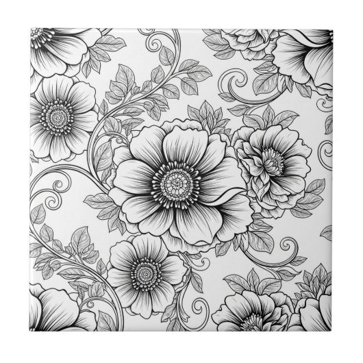 Elegant Black White Floral Line Art Pattern (5) タイル (正面)