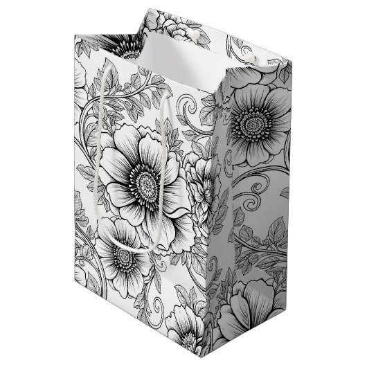 Elegant Black White Floral Line Art Pattern (5) ミディアムペーパーバッグ (正面アングル)