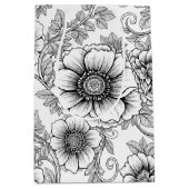 Elegant Black White Floral Line Art Pattern (5) ミディアムペーパーバッグ (正面)