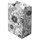 Elegant Black White Floral Line Art Pattern (5) ミディアムペーパーバッグ (裏面アングル)