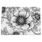 Elegant Black White Floral Line Art Pattern (5) ラージペーパーバッグ (正面)