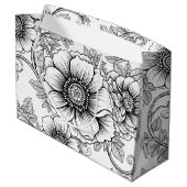 Elegant Black White Floral Line Art Pattern (5) ラージペーパーバッグ (裏面アングル)