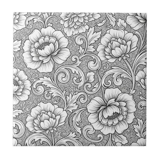 Elegant Black White Floral Line Art Pattern (6) タイル (正面)