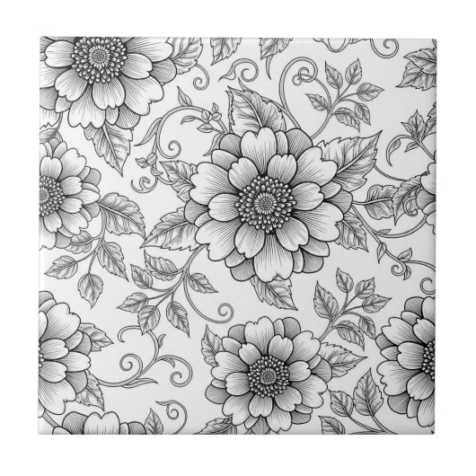Elegant Black White Floral Line Art Pattern (7) タイル (正面)
