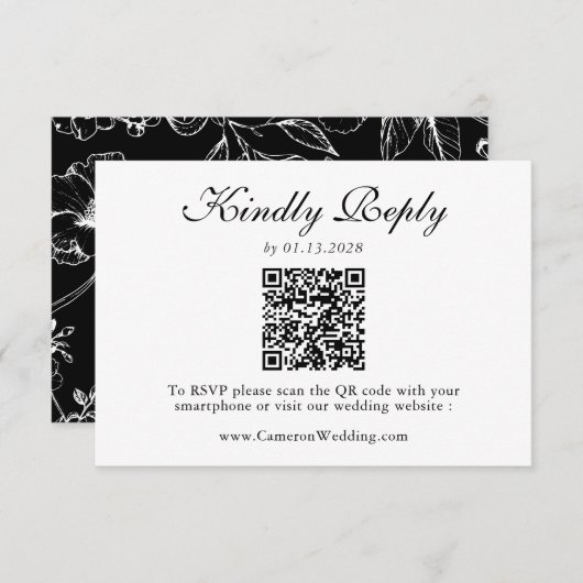 Elegant Black White Floral QR Code Wedding RSVP (正面/裏面)