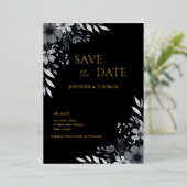 Elegant Black & White Floral Save the card 箔シーズンカード (立ち正面)