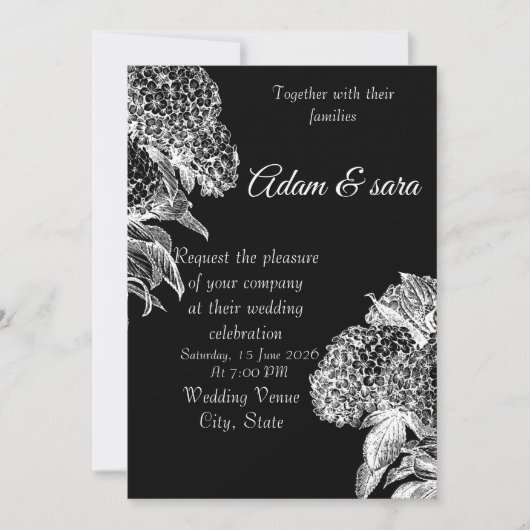 Elegant Black & White Floral Wedding Invitation 招待状 (正面)
