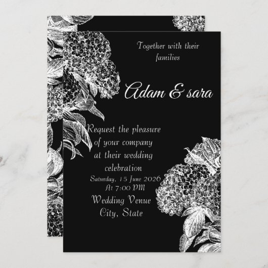 Elegant Black & White Floral Wedding Invitation 招待状 (正面/裏面)
