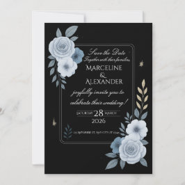 Elegant Black & White Floral Wedding Invitation 招待状