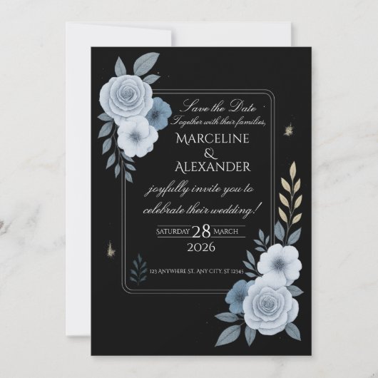 Elegant Black & White Floral Wedding Invitation 招待状 (正面)