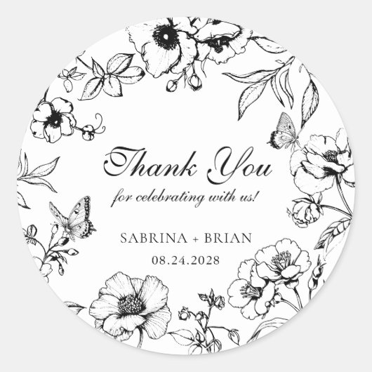 Elegant Black White Floral Wedding Thank You ラウンドシール (正面)