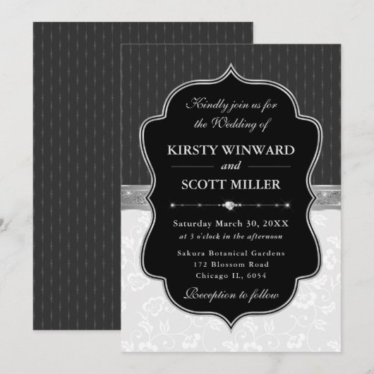 Elegant Black White Frame Floral Wedding 招待状 (正面/裏面)