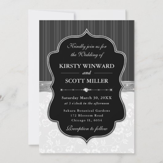 Elegant Black White Frame Floral Wedding 招待状 (正面)