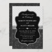 Elegant Black White Frame Floral Wedding 招待状 (正面/裏面)