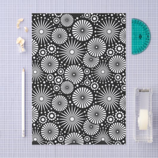 Elegant Black White Geometric Flowers Starburst 薄葉紙 (クラフト)