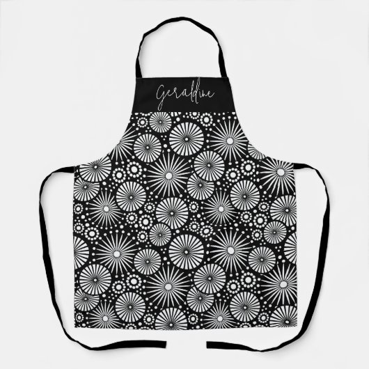 Elegant Black White Geometric Starburst Name  エプロン (正面)