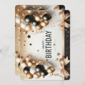 Elegant Black White & Gold Balloons Happy Birthday 招待状 (正面/裏面)