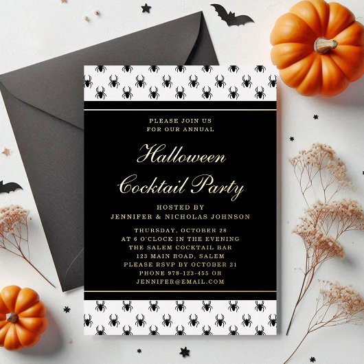 Elegant Black White Halloween Cocktail Party Gold  箔招待状