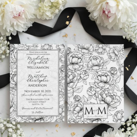 Elegant Black White Hand-Drawn Floral Wedding  招待状