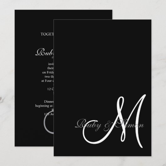 Elegant Black White Initial Wedding 招待状 (正面/裏面)