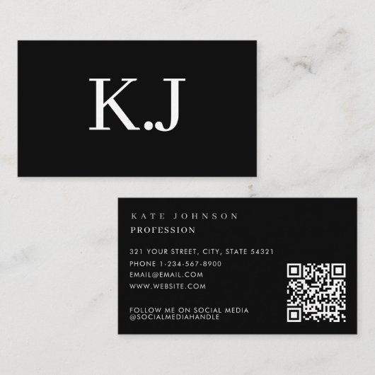 Elegant Black White Minimalist QR Code Monogram 名刺 (正面/裏面)