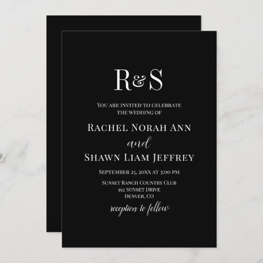 Elegant Black & White Modern Monogram Wedding 招待状 (正面/裏面)