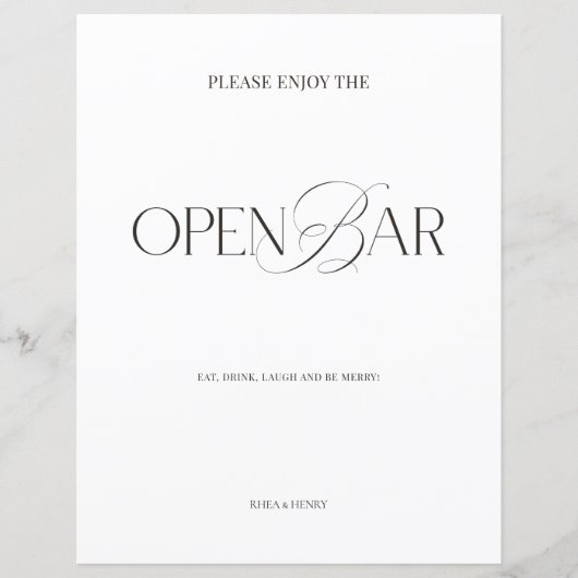 Elegant Black & White Modern Wedding Open Bar Sign (正面)