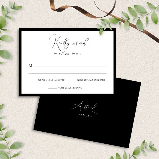 Elegant Black & White Monogram Bordered Wedding 出欠カード
