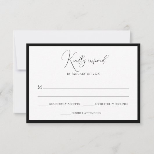 Elegant Black & White Monogram Bordered Wedding 出欠カード (正面)