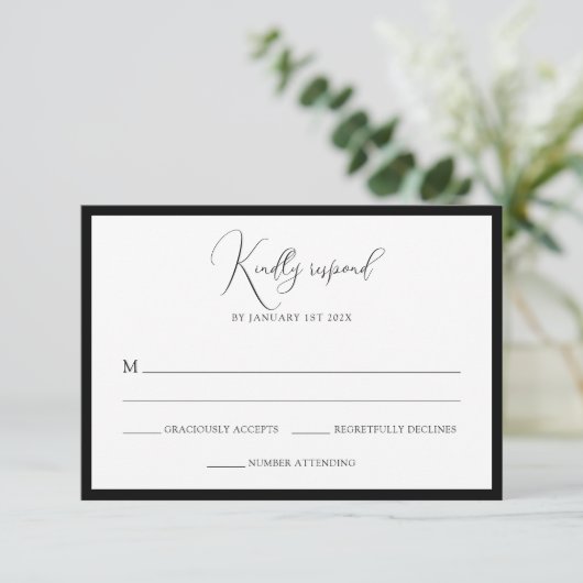 Elegant Black & White Monogram Bordered Wedding 出欠カード (スタンド正面)