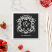 Elegant Black White Monogram Crest Script Wedding スタンダードカクテルナプキン (インサイチュ)