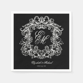 Elegant Black White Monogram Crest Script Wedding スタンダードカクテルナプキン