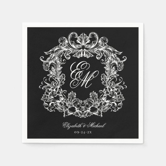 Elegant Black White Monogram Crest Script Wedding スタンダードカクテルナプキン (正面)