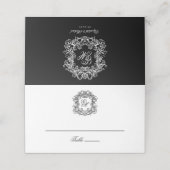Elegant Black White Monogram Crest Vintage Wedding プレイスカード (外部開封)
