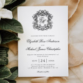 Elegant Black White Monogram Crest Wedding 招待状