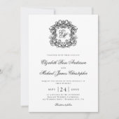 Elegant Black White Monogram Crest Wedding 招待状 (正面)